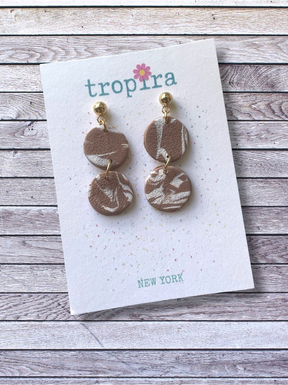 Brown White Marbled Matte Round Dangling Polymer Clay Earrings